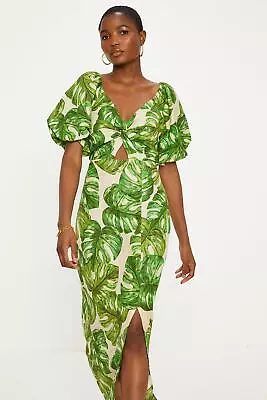 OASIS Linen Mix Palm Print Twist Front Midi Dress • £22