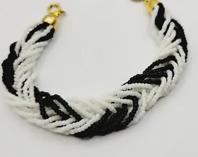 Vintage Signed NAPIER Black & White Braided Seed Bead Bracelet 8 In • $17.99