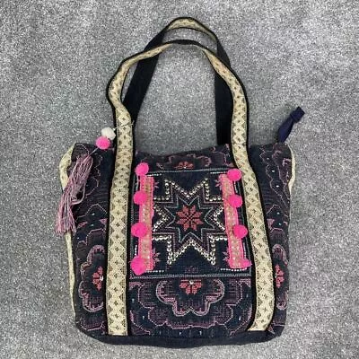 Warehouse Navy Pink Handbag Knit Cotton Shoulder Bag Floral Star Embroidery • £15.99