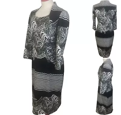 Libra Black / White Patterned 3/4 Sleeve Smart Midi Pencil Dress Uk 12 • £13.35