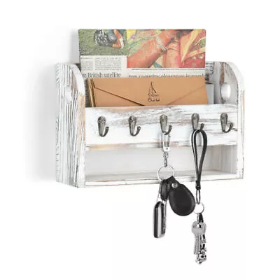 Wall Mount Key&Letter Holder Organizer Wood Mail Sorter W/5 Hooks For Home Decor • $13.99