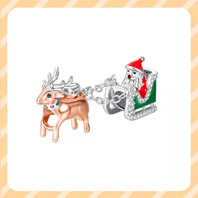 Santa Claus Riding Moose Sleigh Dangle 925 Sterling Silver Women Bracelet Charm • $15