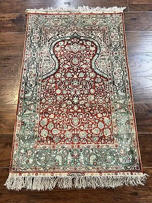 Silk Prayer Rug 2.7 X 4 Turkish Hereke Red Floral Handmade Vintage Fine Carpet • $1679.30