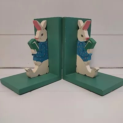 Vintage 1985 Hand Painted Wood Bunnie Bookends Child Nursery Room • $14.99