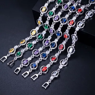 Silver Plated Cubic Zirconia Amerian Crystal Round Tennis Chain Link Bracelet  • £4.79