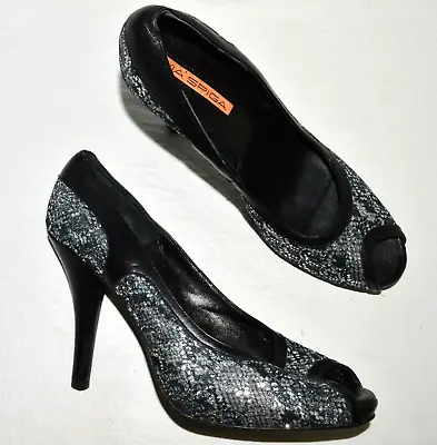 Via Spiga New Size 8.5 Black Leather Glitter Peep Toe Platform Pumps Heels Italy • $39.99