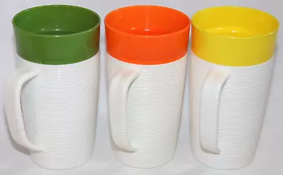 Set Of 3 MCM Raffiaware Thermo-Temp 6  Tall Mug Cup Orange Blue & Yellow USA • $16.99