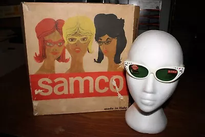 NOS Rhinestone Vintage SAMCO Day Sunglasses Cat Eye Vintage Green Lens  Italy • $99.99