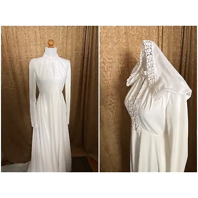 Vintage 70s White Hooded Wedding Dress Train • $140