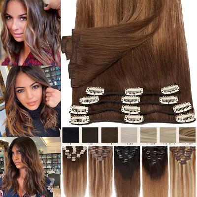 £42.31 • Buy 8PCS Real Remy Human Hair Extensions Clip In 16-22inch Natural Ombre Highlight