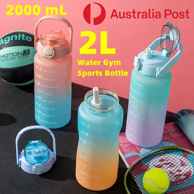 2L Sports Water Bottle Straw Cup Motivational Drink Flask With Time Markings Gym • $12.95