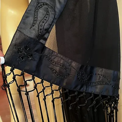 Valerie Stevens Womens Long SHEER Black BEADED Fringe Ends Scarf Shawl Vtg Wrap • $19.89