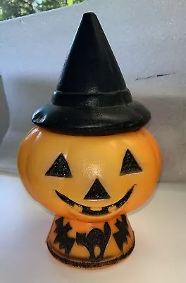 Vintage Bayshore Halloween Blow Mold Lighted Pumpkin With Witch Hat Bats Cat 13” • $28.75