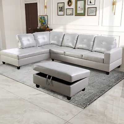 Sofa Set Leather Sectional Living Room L-Shaped Couch Storage Ottoman Chaise • $741.19