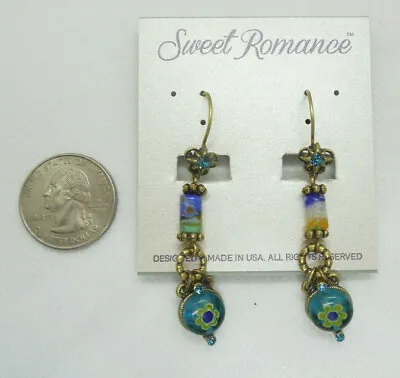 New Sweet Romance Stunning Millefiori Glass Round Drop Earrings Aqua ~~usa Made  • $12.99