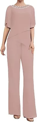 Womens Mother Of The Bride Chiffon 2 Piece Pant Suit Set Size 16 Blush Pink • $65