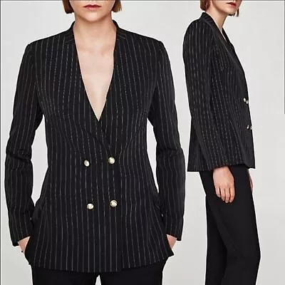 Zara Black Pinstripe Double Breasted Boyfriend Blazer V Neck Jacket Gold Buttons • £57.85