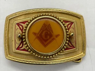 Masonic Compass Western Belt Buckle Rectangular Shape Brass With Red Enamel F4 • $28.90