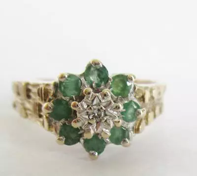 STATEMENT 9ct GOLD DIAMOND & EMERALD RING PATTERN SHOULDER LONDON H/M 375 1979 • £67