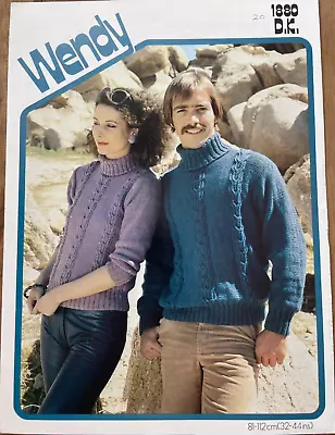 Ladies + Mens Cable Panel Jumper KNITTING PATTERN Roll Neck Sweater Wendy 1880 • £3.75