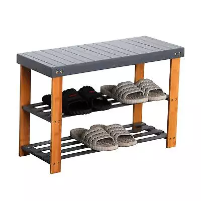 3Tier Shoe Rack Seating Bench Hallway Storage Organiser Holder Stand Bamboo Grey • £17.59