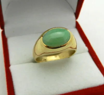  Vintage Solid 14K Gold Mens Pinky Ring With Beautiful Green Oval Jade Size 7.5 • $675