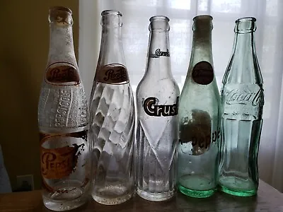 Lot Of 5 Vintage Soda Bottles From 50s-60s-2 Pepsi Crush Coke And Dr. Pepper • $35