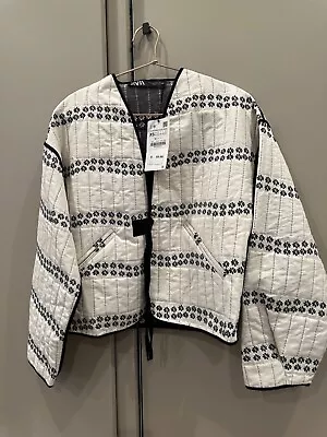 Zara Cotton Jacket In White W Black Flower Size Xs Nwt  • $39.99