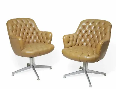 1950s Midcentury Modern Tufted Beige Leather Swivel Armchairs-a Pair  • $3780