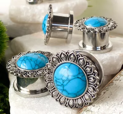 PAIR Flower W/ Turquoise Stone Center Steel Screw Fit Tunnels Gauges Plugs • $16.95