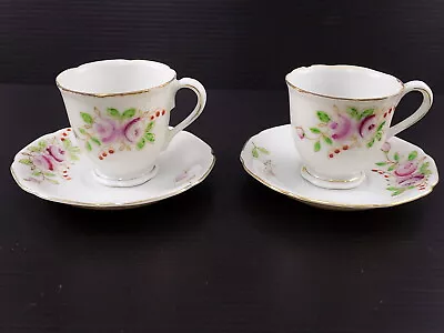 Vintage OCCUPIED JAPAN TEA CUPS & SAUCERS Beautiful Hand Painted Pink Rose Motif • $16.99