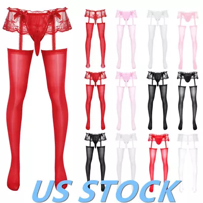 US Mens Sissy Lace Thigh High Stockings Sheer Lingerie Suspender Pantyhose • $2.99