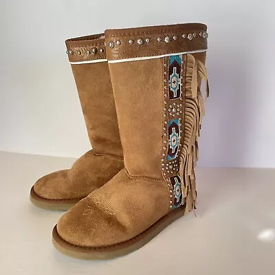 Montana West Faux Fur Lined Suede Boots Size 8 Fringe Southwest Silver Studs • $24.99