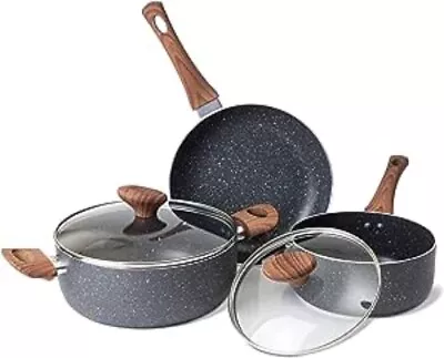 Kitchen Cookware With Lids 5pcs | Non-Stick Marble Pots And Pans Set - Nuovva • £32.99