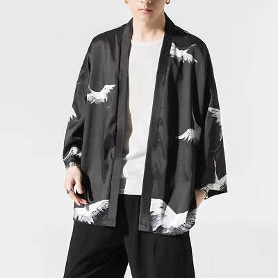 Men Japanese Kimono Bathrobe Crane Cardigan Jacket Open Front Yukata Coat Thin • $26.99