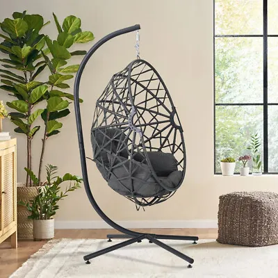 Foldable Rattan Egg Chair Swing Garden Patio Hanging Hammock Pod Chair W/Cushion • £149.95