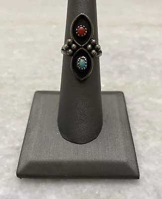 Gorgeous Vintage Sterling Silver Native American Turquoise Coral Ring Size 5 • $35