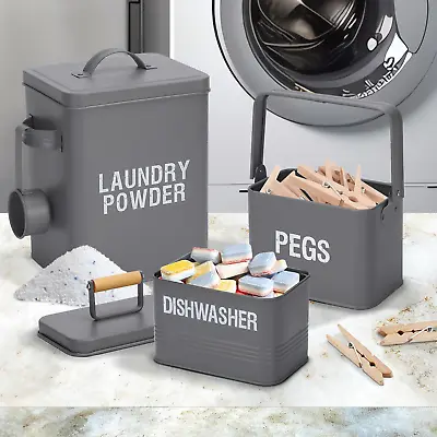 3 Pc Laundry Dishwasher Detergent Storage Box Metal Tin Peg Container Lid Grey • £11.99