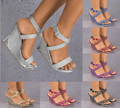 £16.99 • Buy Ladies Glitter Diamante Detail Wedge Heel Platform Peep Toe Strappy Sandals 3-8