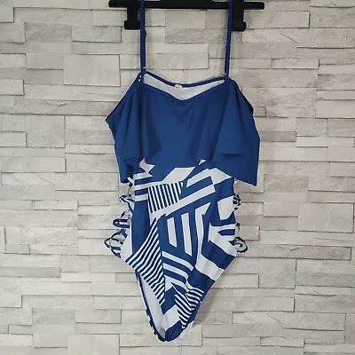 Ladies Smimsuit Off The Shoulder Cut Out Sides Blue White Size 12 UK Swimming  • £12.30