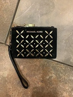 Michael Kors Black Sueded Wristlet Passcase ID Wallet Gold Metallic Accents D • $29.99