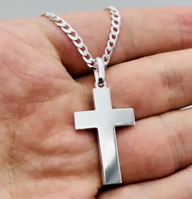 SOLID 925 Sterling Silver Mens Cross Pendant Necklace 20  Chain Brand New • £59.99