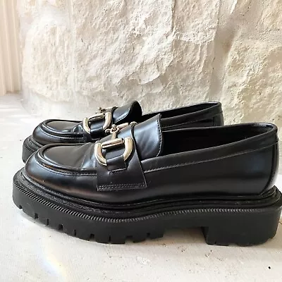 H&M Sweden 6.5 Black Leather Platform Chunky Horsebit Loafers EU37 Punk Grunge • $29.99