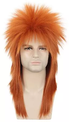 Men Women Long Straight Orange 70s 80s Heavy Metal Rocker Wig Disco Mullet Wig • $30.60