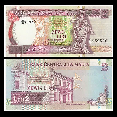 Malta 2 Liri 1967 (1994) P-45 Original Banknote UNC • $26.99