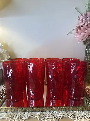 8 Vintage Morgantown Crinkle Seneca Driftwood Glass Red Tumblers Glasses • $54.99