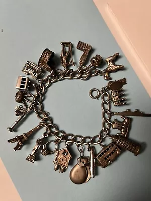 Vintage 800/835/925 Silver European And US Travel 21 Charm Bracelet 1959-1970 • $189.99