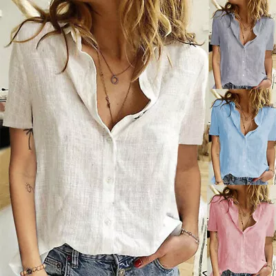 $17.65 • Buy UK Summer Womens Short Sleeve Cotton Linen Blouse Tops Loose T Shirts Plus Size