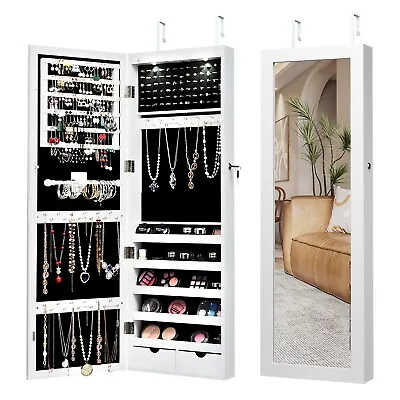 Mirrored Jewelry Cabinet Lockable Wall/Door Mounted Jewelry Armoire Organizer • £64.95