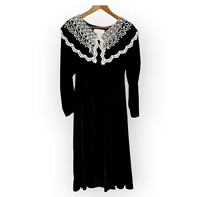 Jessica McClintock Dress Vintage Black Velvet Long Sleeve Peter Pan Lace Collar • $125